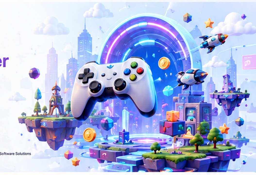 Bright futuristic game world with controller, portal and floating platforms